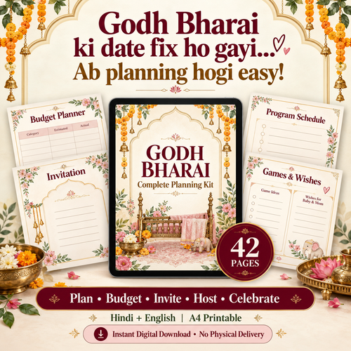 Godh Bharai Complete Planning Kit (Hindi + English) – Budget, Invitations, Anchor Script & Games PDF
