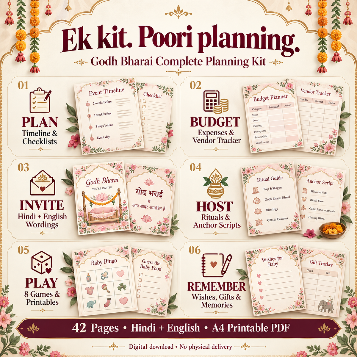 Godh Bharai Complete Planning Kit (Hindi + English) – Budget, Invitations, Anchor Script & Games PDF